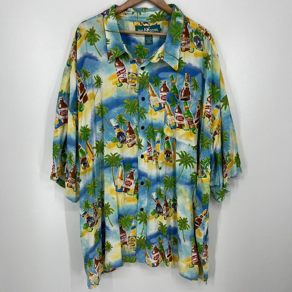 Big Dogs Mens 5X Tropical Beer Bottle Palm Tree Rayon Button Down Shirt Blue